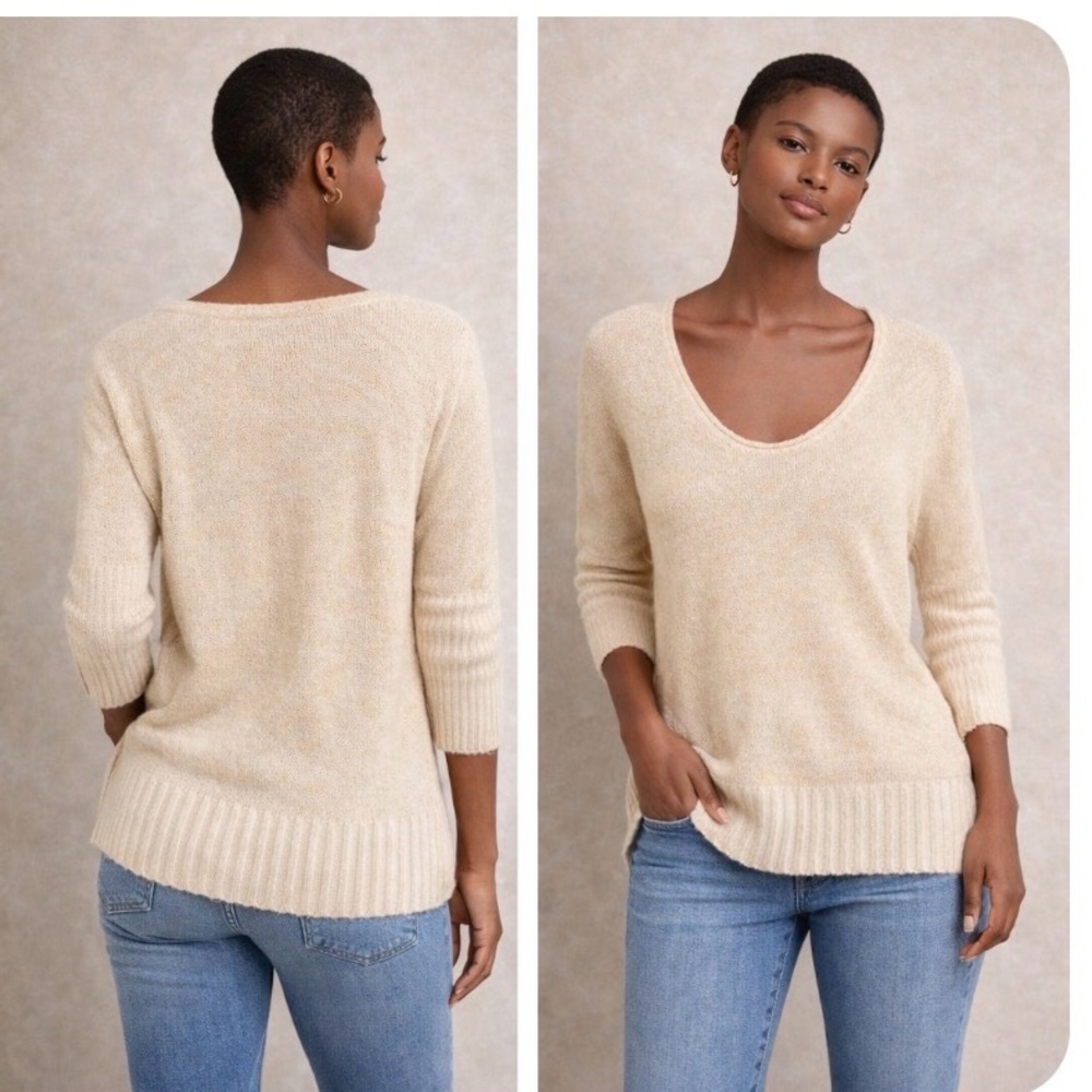 Anthropologie Moth Catamaran 3/4 Sleeve Ribbed Knit Pullover Cream Tan
